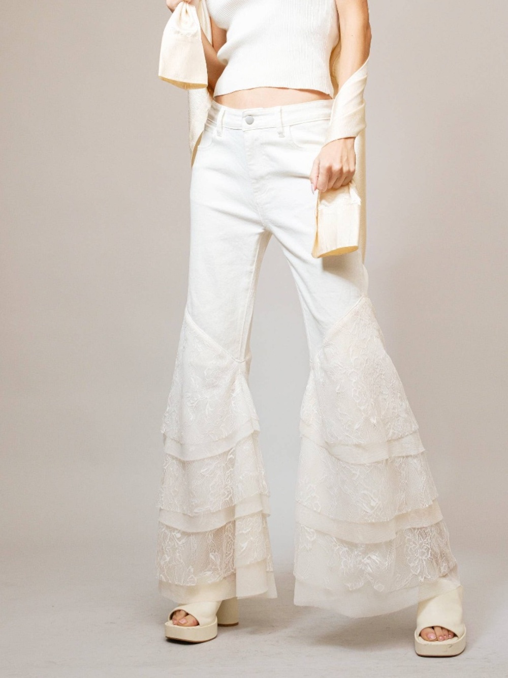 Blue B lace Bridal Part Bell Bottom Flare Jeans Demin and Lace White L NWT Large